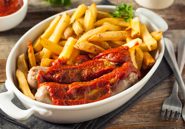 Currywurst med pomfritter